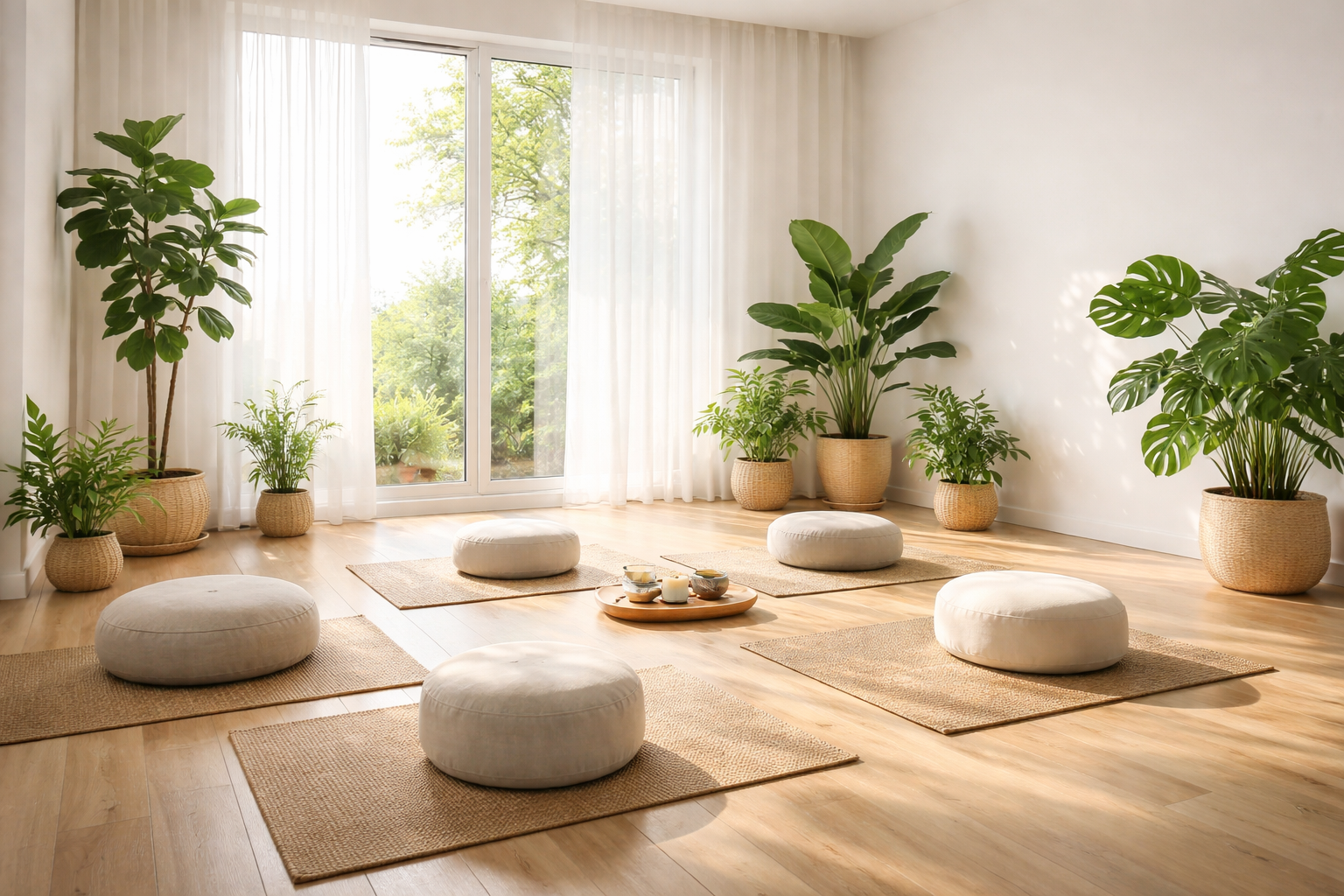 A bright, minimalist meditation room with wooden floors, soft morning sunlight passing through large windows, white linen curtains, and lush green indoor plants, photorealistic, 8k